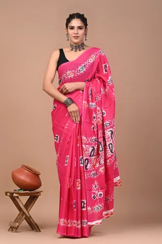 Light Weight Pure Cotton Printed Mulmul Saree for Women with Blouse Piece